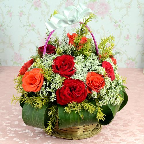 12 Red & Orange Roses Basket