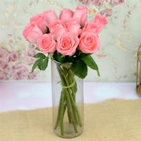 12 Pink Roses in a Glass Vase