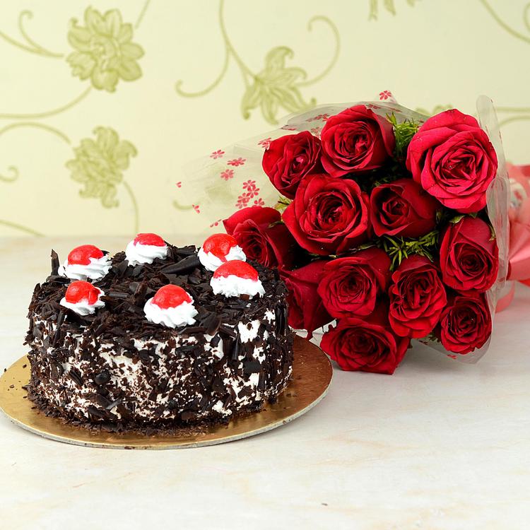 12 Roses & Black Forest Cake