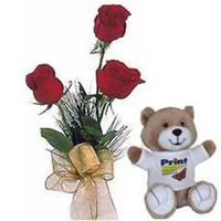 Small Teddy with 3 Red Roses