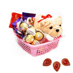 Chocolates and Soft Toy Hamper with Diyas