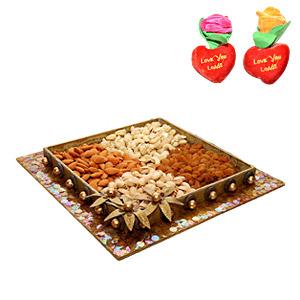 Dry Fruits in Designed Tray with Rose Hearts
