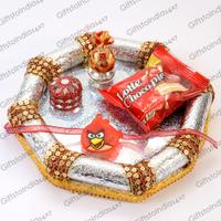 Octagon shaped Thali with Angry Birds Rakhi