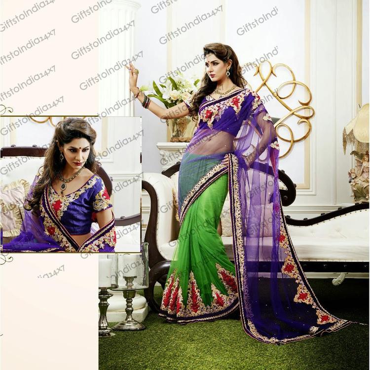 Melodic Deep Purple & Parrot Green Embroidered Saree