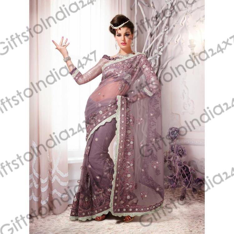 Splendorous Rosy Brown Embroidered Saree