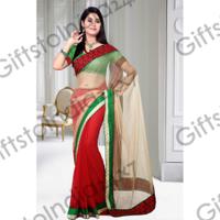 Majesty Beige & Red Embroidered Saree