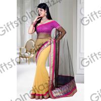 Gleaming Black & Pale Yellow Embroidered Saree
