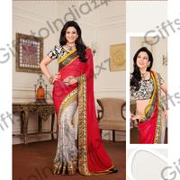 Tantalizing Black, Off White & Red Embroidered Saree