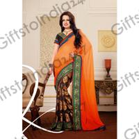 Luscious Black & Deep Orange Embroidered Saree