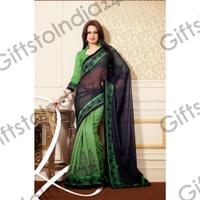 Unique Deep Mint Green & Black Embroidered Saree