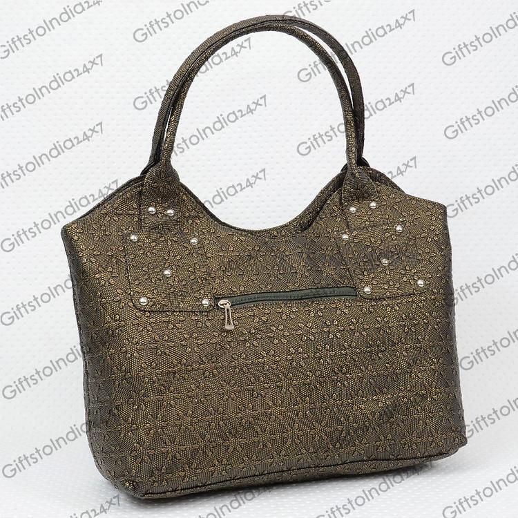 Chocolate Colored Bag With Floral Patterns