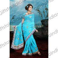 Exquisite Cyan Blue Embroidered Saree