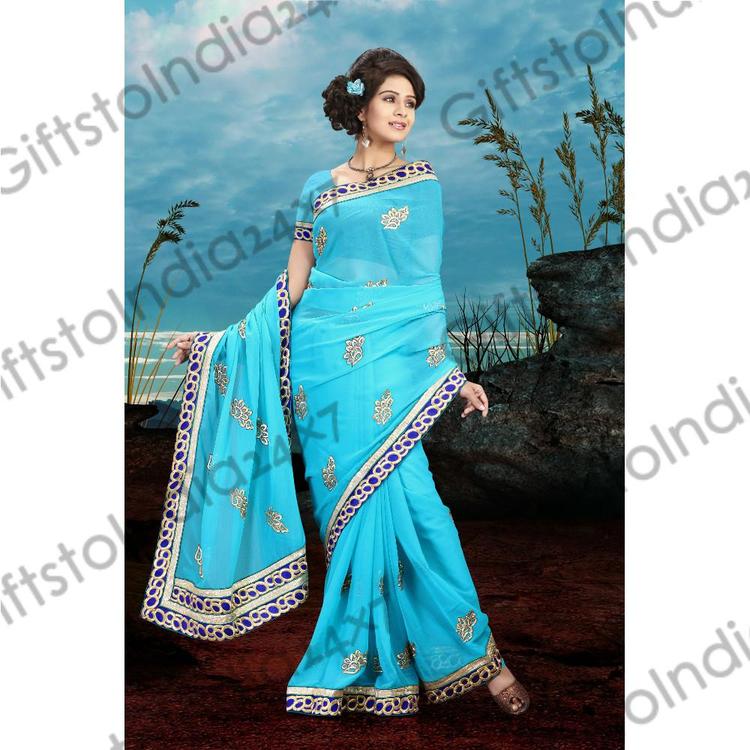 Exquisite Cyan Blue Embroidered Saree
