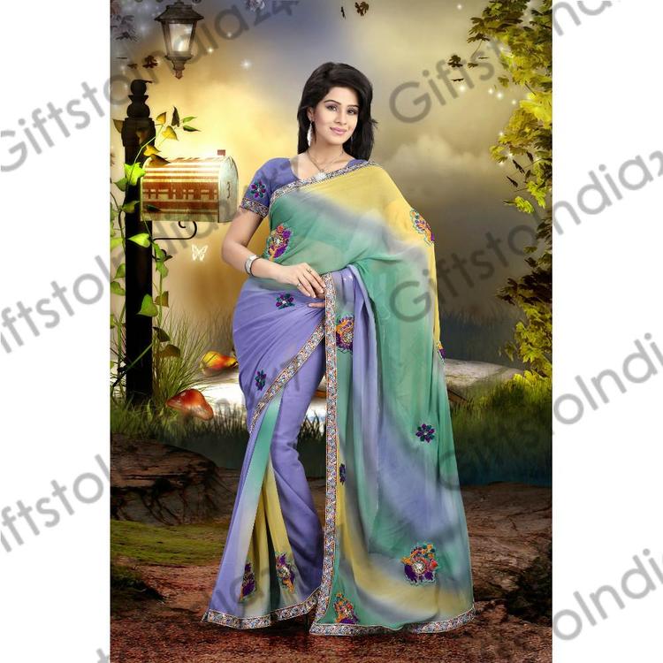 Luscious Bluish Purple, Yellow & Pale Green Saree