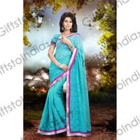 Marvelous Cyan Blue Embroidered Saree