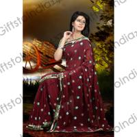 Alluring Dark Red Wine Embroidered Saree