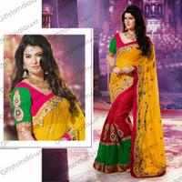 Glamorous Deep Fuchsia & Yellow Embroidered Saree