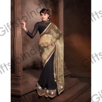 Butta Beige & Black Embroidered Saree