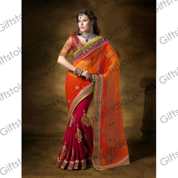 Tranquil Coral & Maroon Embroidered Saree