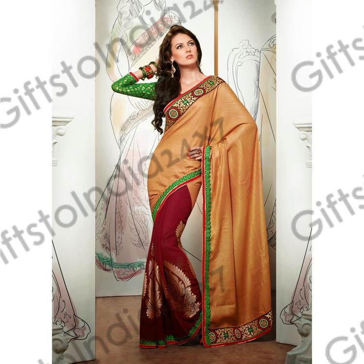 Alluring Apricot & Maroon Embroidered Saree