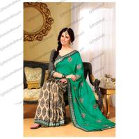 Scintillating Beige & Emerald Green Embroidered Sa
