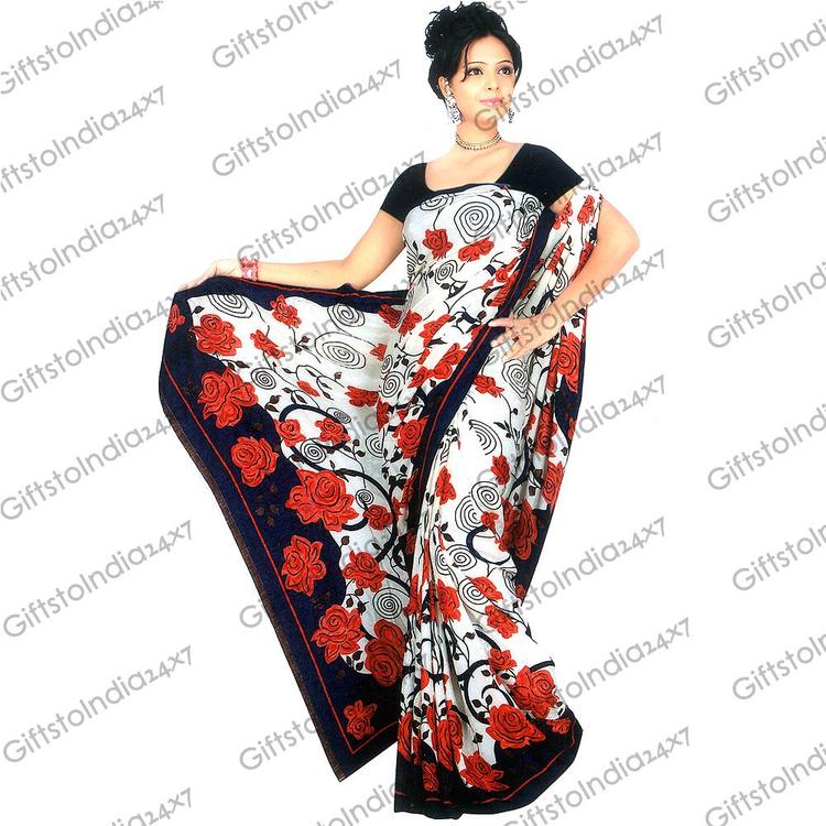 Navy Blue and White Jacquard Saree