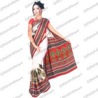 White Saree with Red Green Patterns