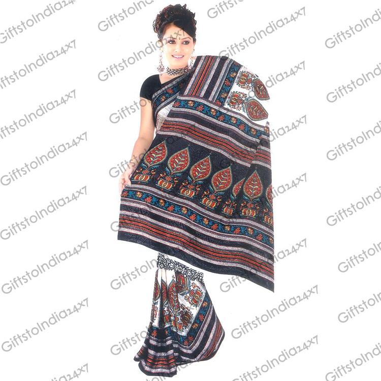 White Saree With Black and Red Patterns