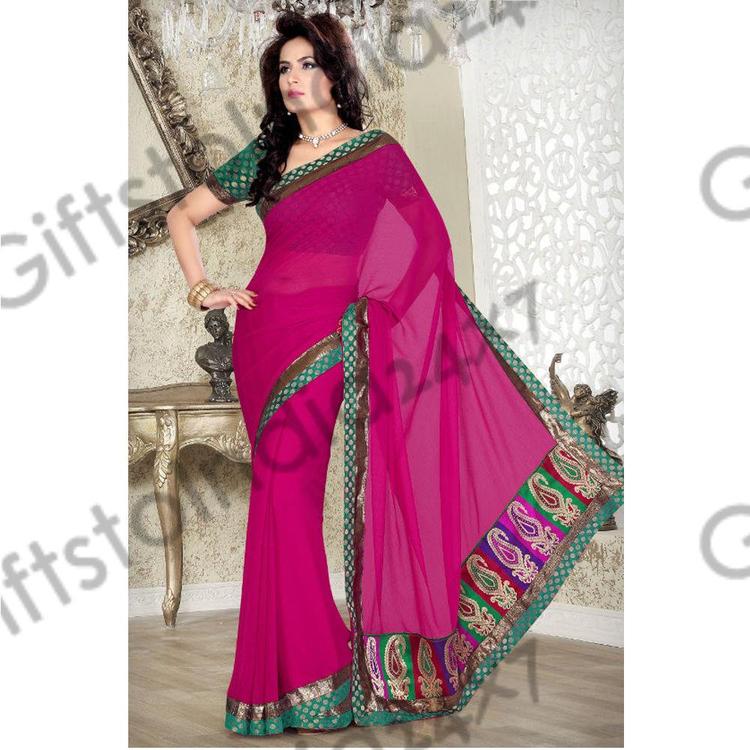 Cute Fuchsia Embroidered Saree