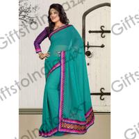 Fashionable Teal Blue Embroidered Saree