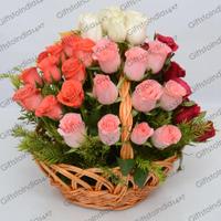 Mixed Roses in Round Basket