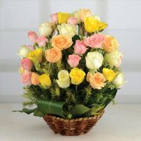 Mixed Roses in a Round Basket