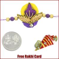 Purple Yellow Zardosi Rakhi with Free Silver Coin