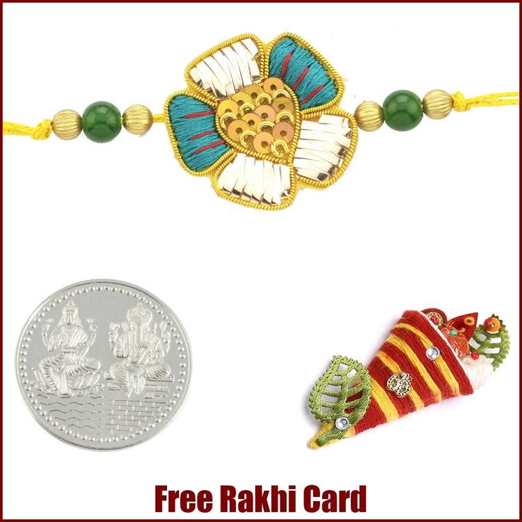 Five Petal Zardosi Rakhi with Free Silver Coin