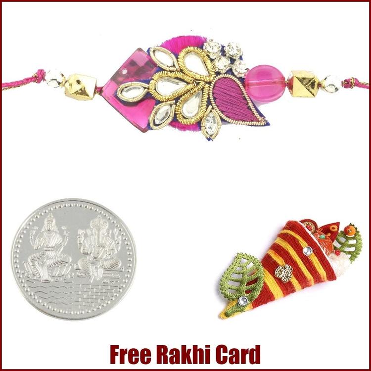 Purple Pink Zardosi Rakhi with Free Silver Coin