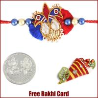 Twin Peacock Zardosi Rakhi with Free Silver Coin