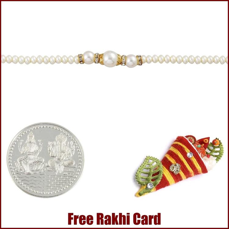 White Pearl Rakhi with Free Silver Coin