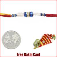 Blue Crystal Pearl Rakhi with Free Silver Coin