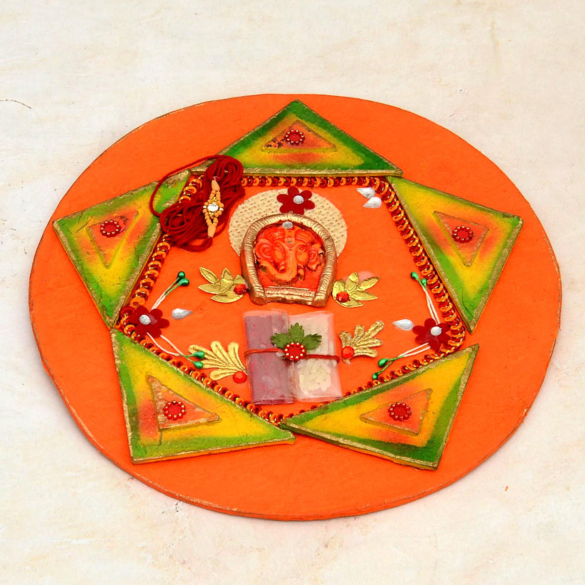 Unique Orange Ganapati Rakhi Thali Puja Thali