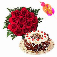 12 Roses, Black Forest cake & Rakhi