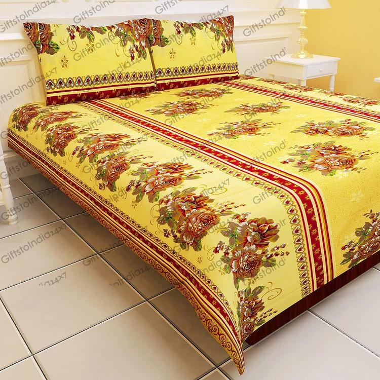 Yellow bedsheet - Vertical Pattern & Rose Motif