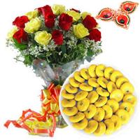 Roses and Kesadia Peda Hamper with Diyas