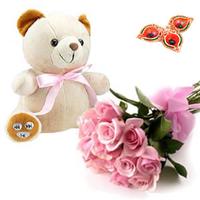 Pink Roses Bunch and Teddy with Diyas