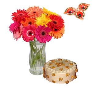 Cake and flower combo with Diyas
