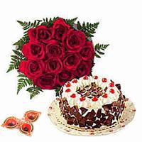 12 Roses & Black Forest cake with Diyas