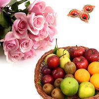 Pink Roses & Fruit Basket Hamper, Diyas