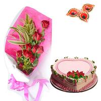 Strawberry Cake & 12 Roses Bouquet with Diyas