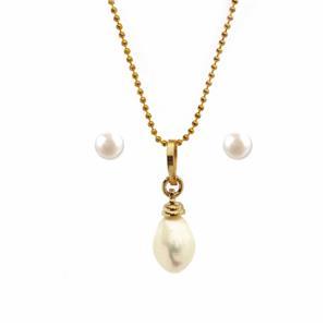 Gold Plated Necklace, White Pearl Pendant, Studs