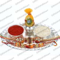 Oval Thali With Rudraksha Pearl Rakhi Set