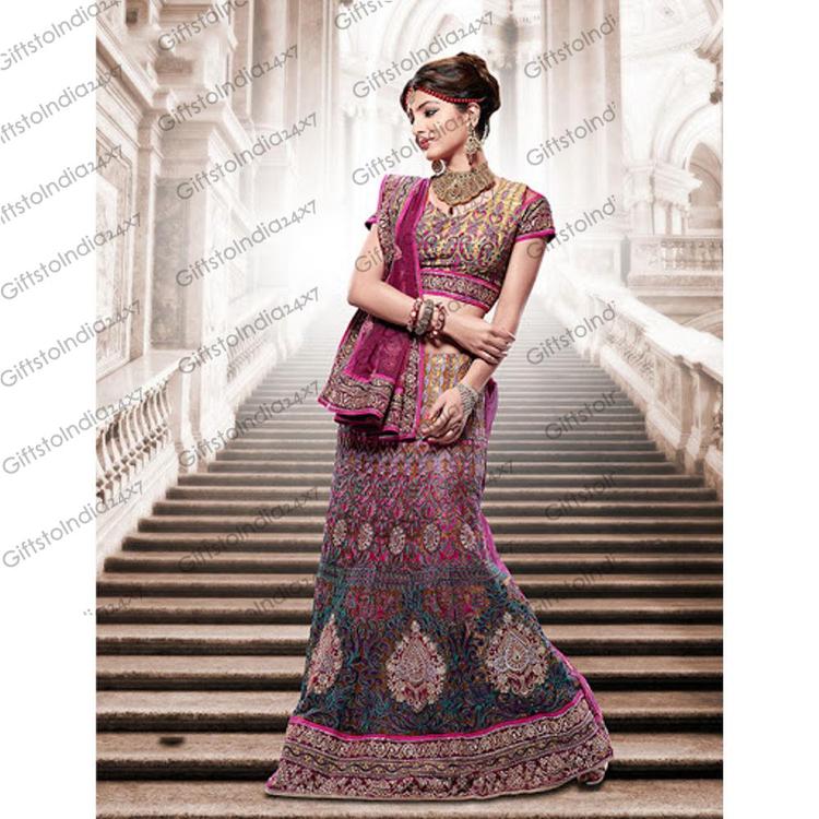 Dazzling Diva Deep Pink & Emerald Green Lehenga Choli